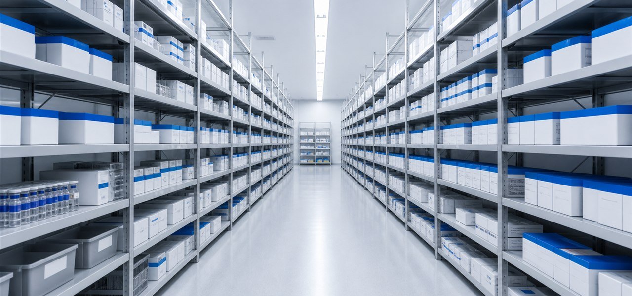 Organized clinical inventory warehouse with fully stocked shelves