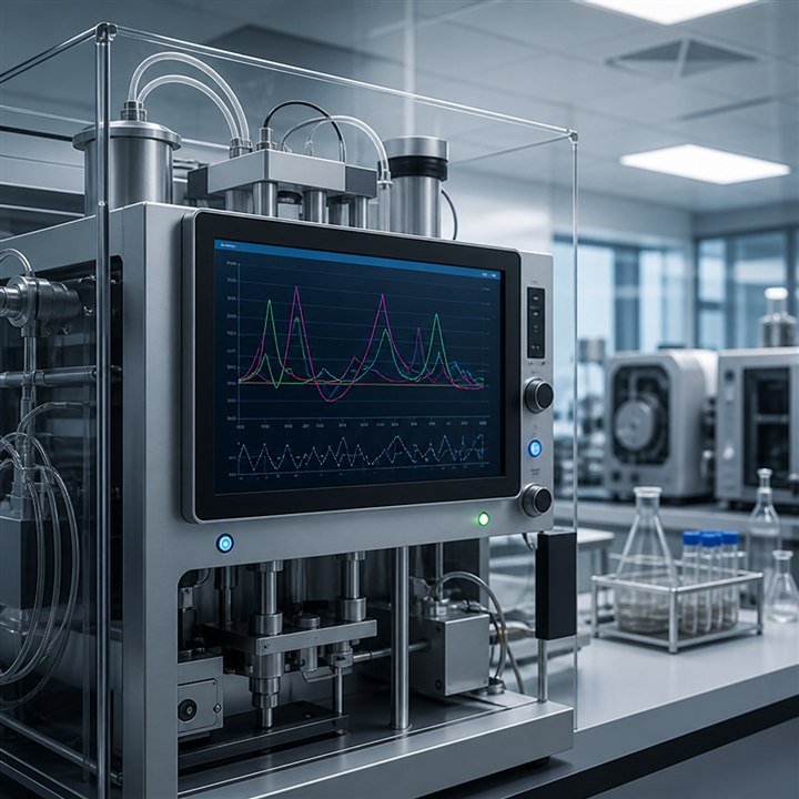 Analytical laboratory instrument showing chromatogram results